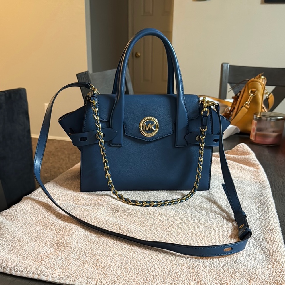 Michael Kors Blue Satchel with Detachable Strap and Silver Hardware